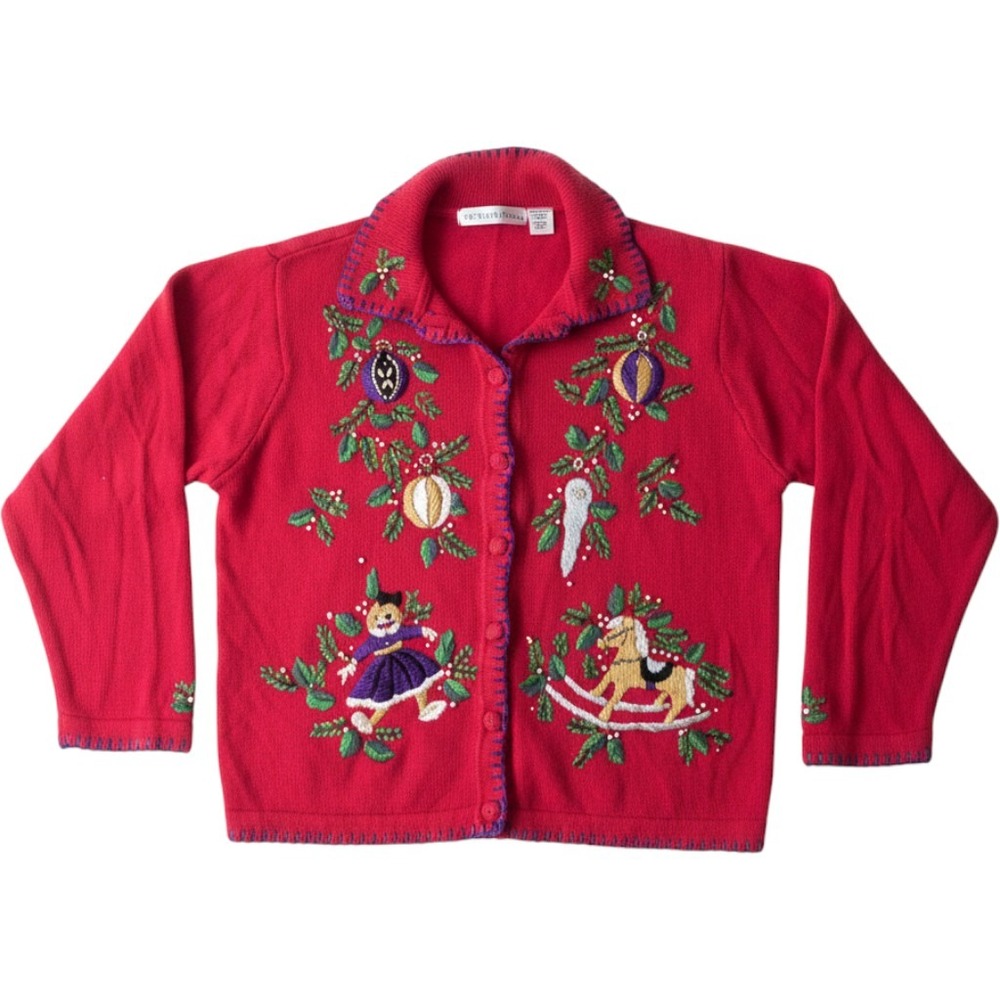 Victoria Jones Womens‎ L Christmas Cardigan Sweater Ramie Holiday Embroidered